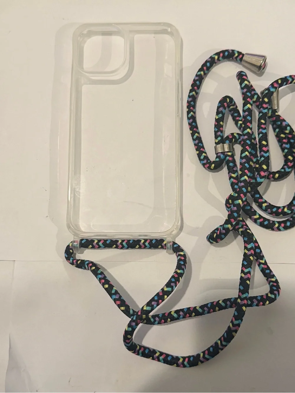 iPhone 14 Clear Phone Case with Black Multicolor Braided Strap - Universal